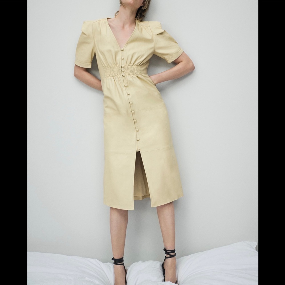 ZARA Butter Yellow Puff Sleeve 100% Leather Midi Dress sz Large